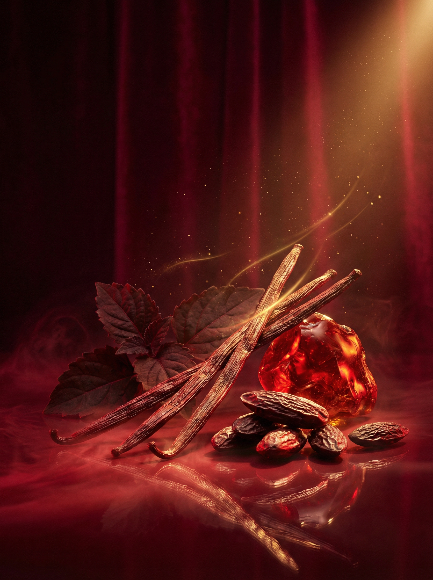 Base note ingredients of Valeria Bless Code of Desire perfume — Madagascar vanilla sticks, tonka beans, patchouli leaves and tremos resin with dramatic red light on dark background