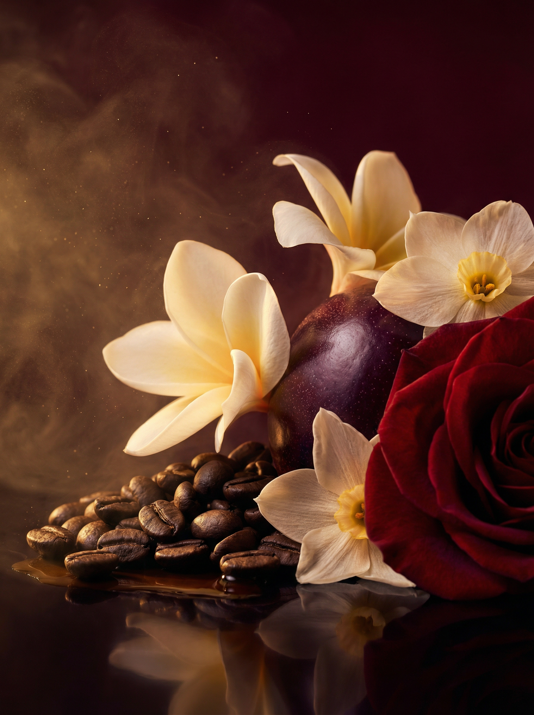 Heart note ingredients of Valeria Bless Code of Desire perfume — coffee beans, frangipani flowers, dark plum, narcissus and deep red rose with golden smoke on dark background