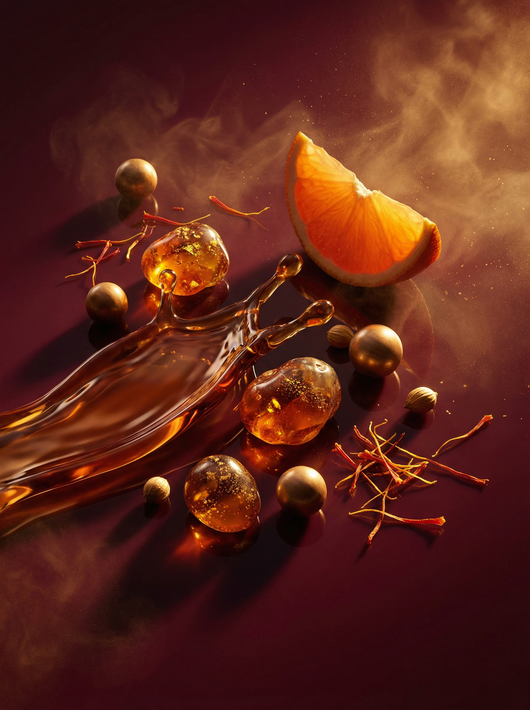 Top note ingredients of Valeria Bless Code of Desire perfume — myrrh resin, rum liquid splash, coriander seeds, saffron threads and orange slice on deep burgundy background
