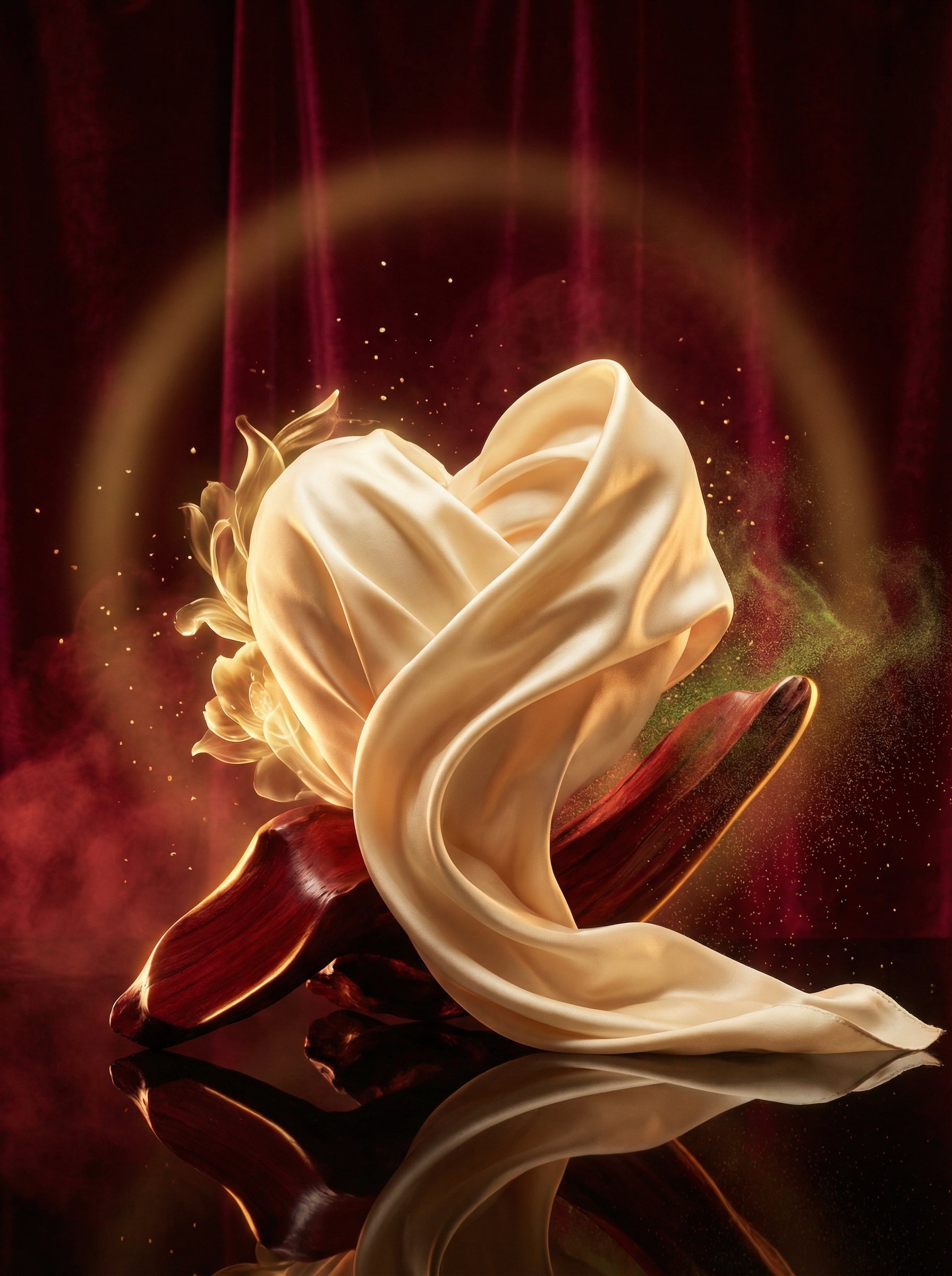 Heart note ingredients of Valeria Bless Code of the Heart Femme Aphrodisiac perfume — orris butter flower wrapped in ivory silk with cedarwood on deep burgundy background
