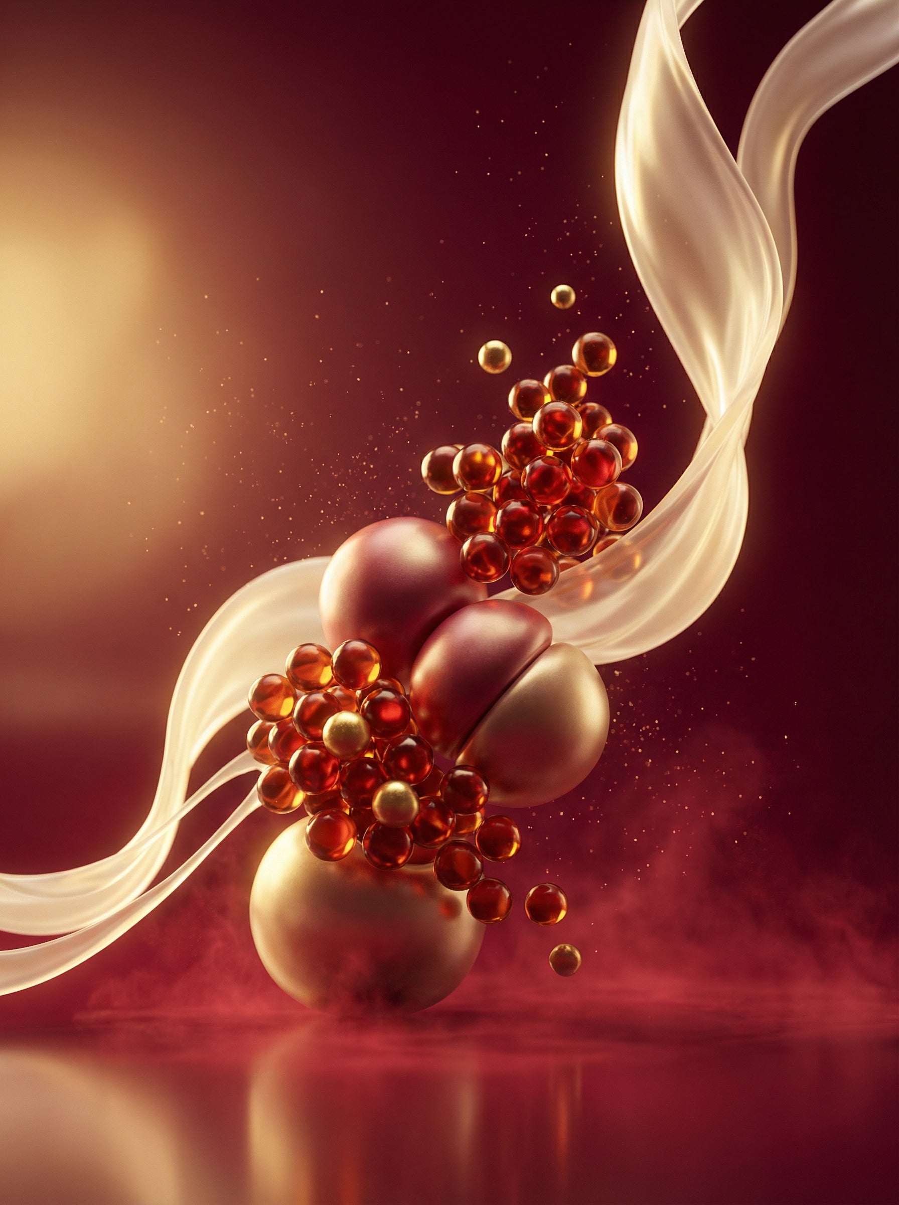 Top note ingredients of Valeria Bless Code of the Heart Femme Aphrodisiac perfume — carrot seeds, mochi and milk spheres with flowing silk ribbon on deep red background