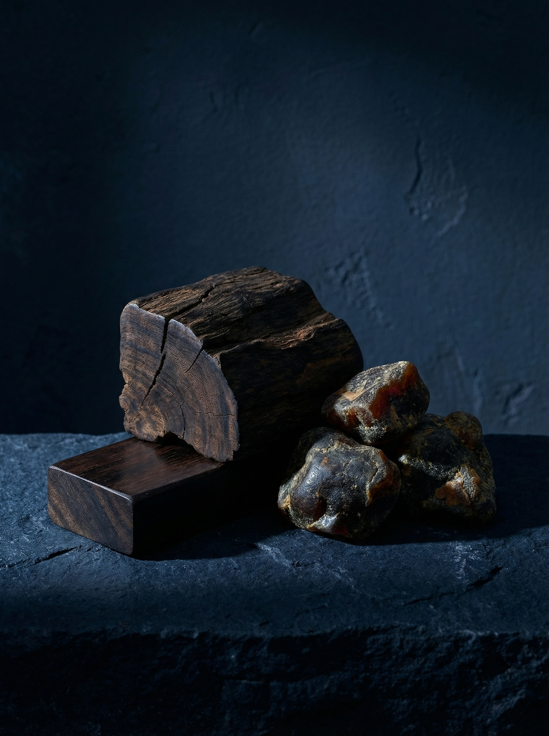 Base note ingredients of Valeria Bless Code of the Heart Homme perfume — benzoin resin, guaiac wood and oudh pieces on dark blue stone surface