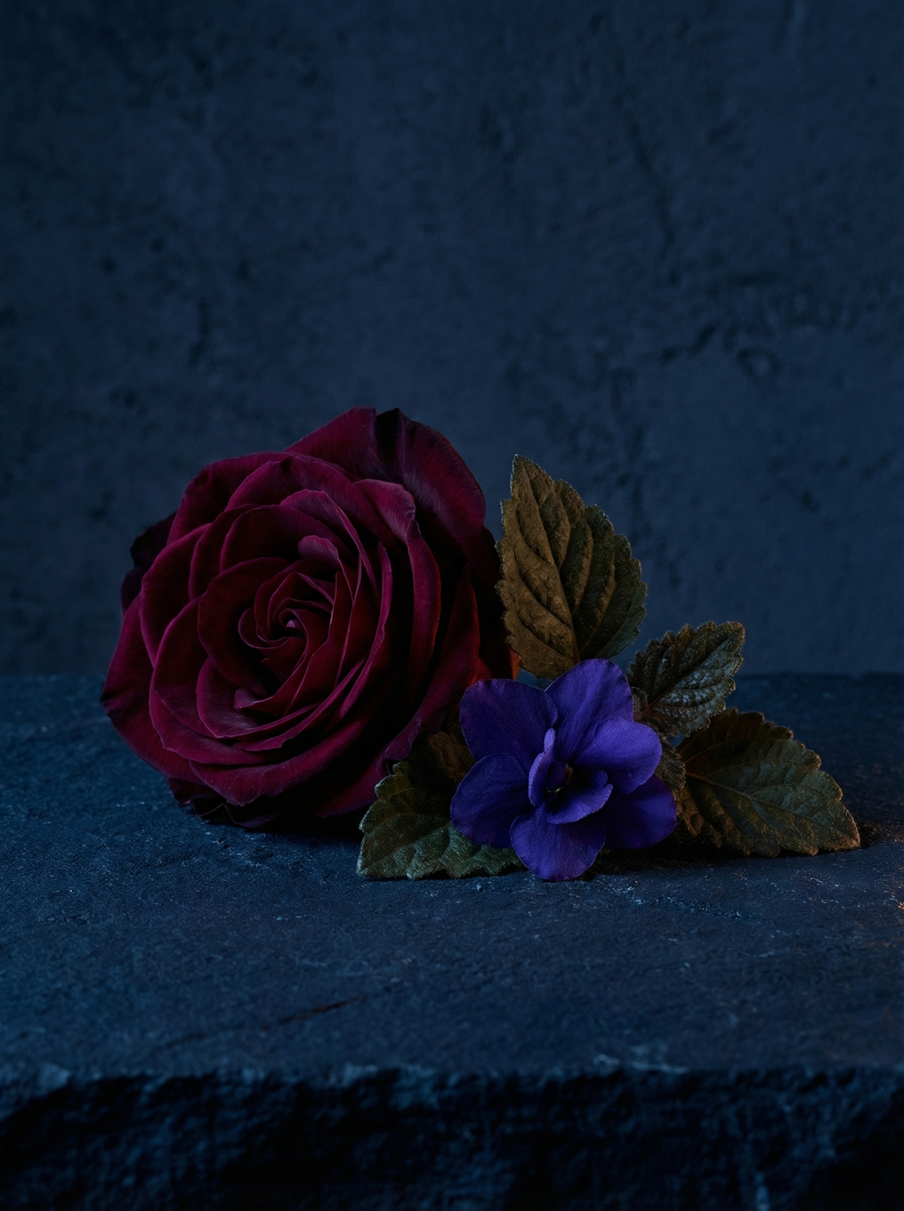 Heart note ingredients of Valeria Bless Code of the Heart Homme perfume — deep red rose, violet flower and patchouli leaves on dark blue stone background