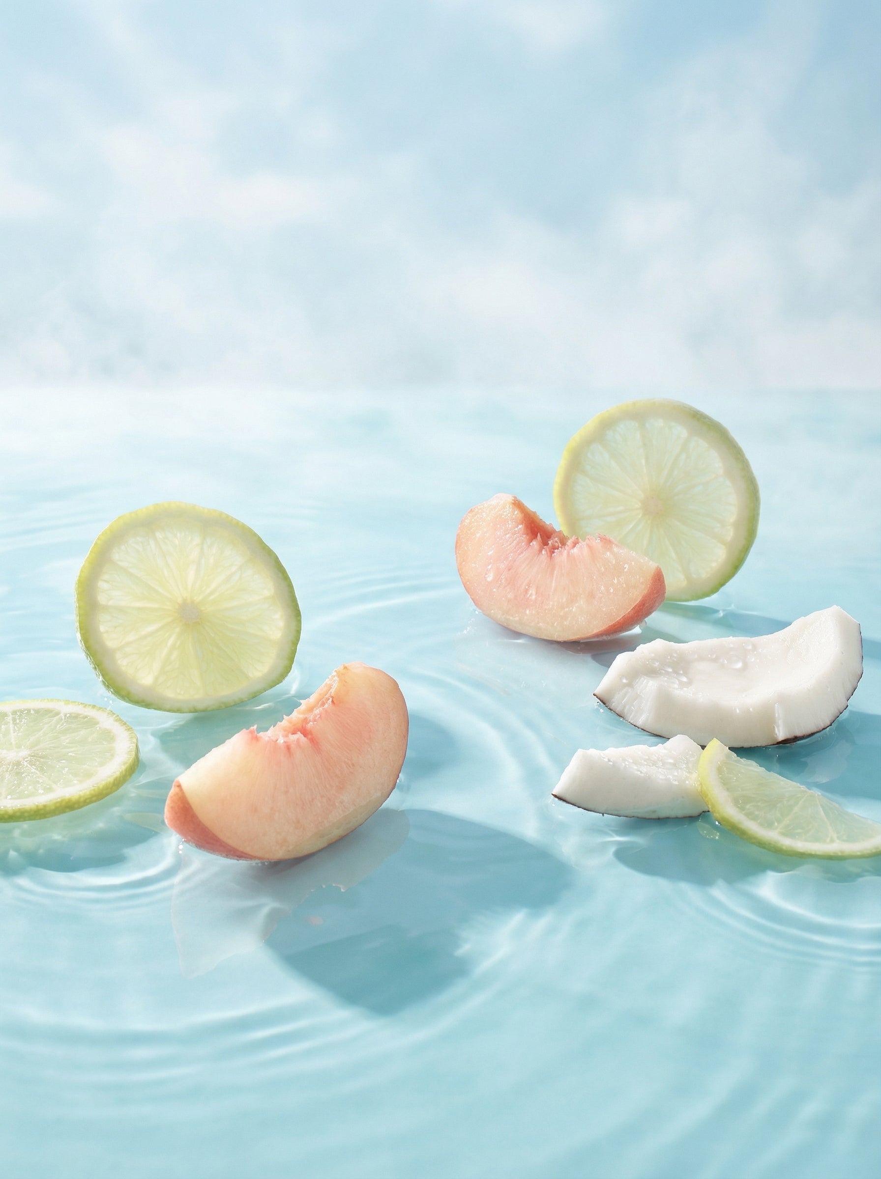 Base note ingredients of Valeria Bless Code of the Soul perfume — bergamot slices, fresh peach and coconut pieces on light blue water surface
