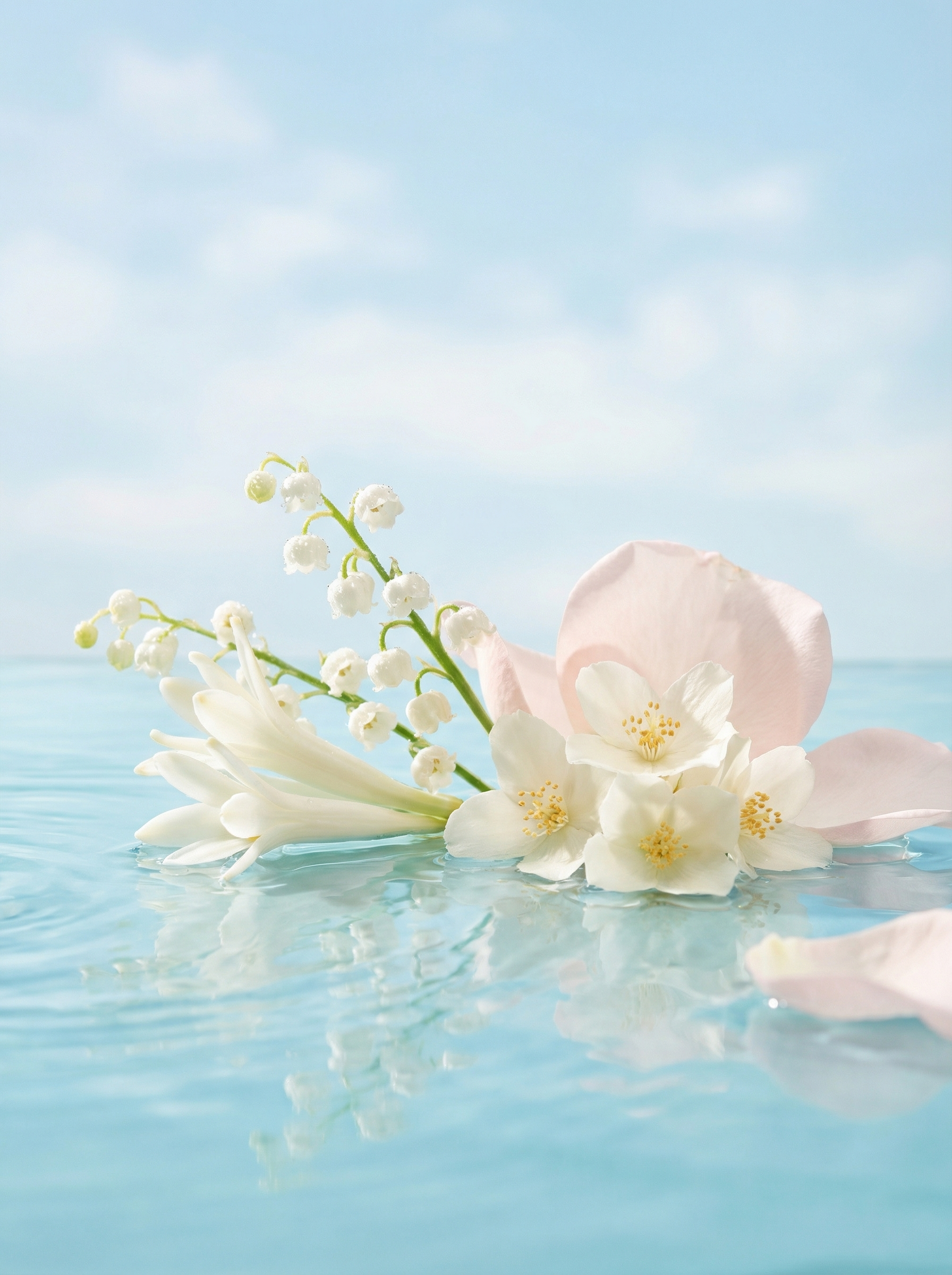 Heart note ingredients of Valeria Bless Code of the Soul perfume — lily of the valley, jasmine, tuberose and rose petals floating on light blue water