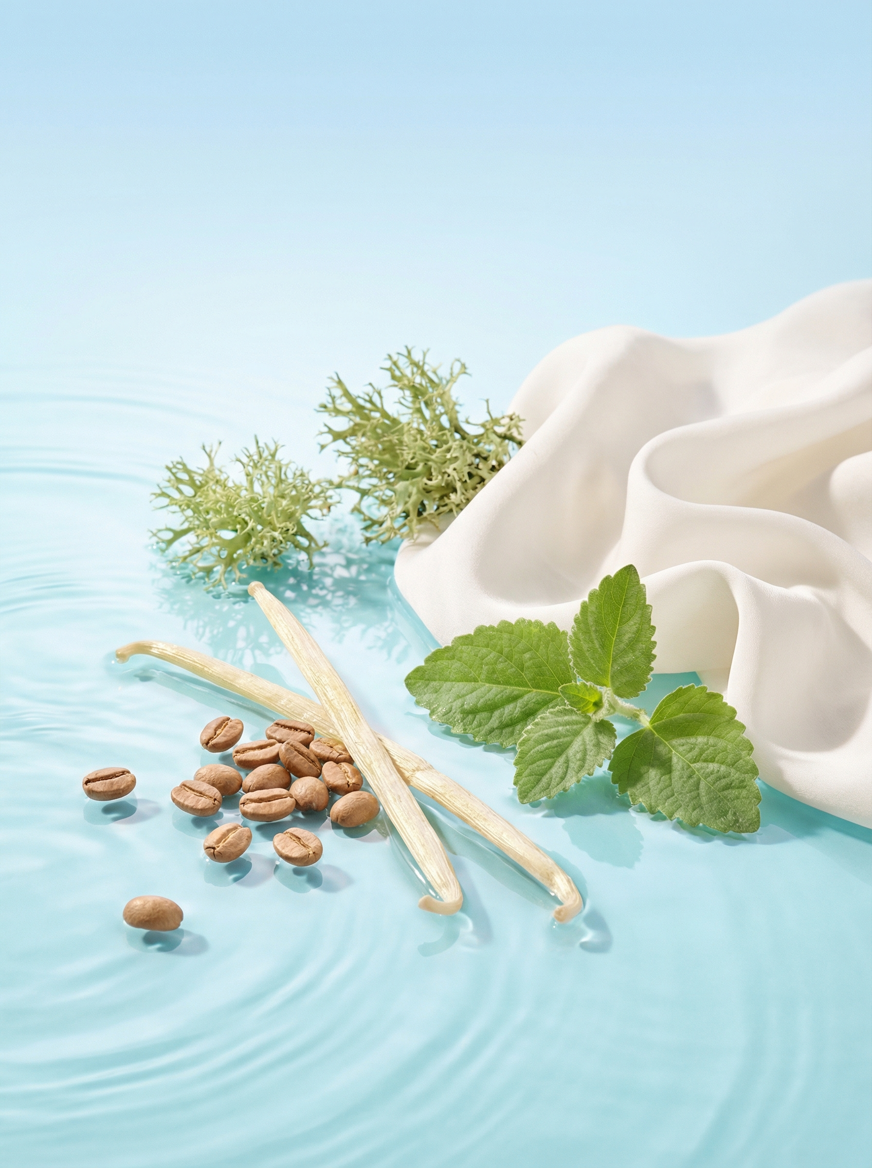 Top note ingredients of Valeria Bless Code of the Soul perfume — coffee beans, vanilla sticks, patchouli, oakmoss and musk on light blue water surface