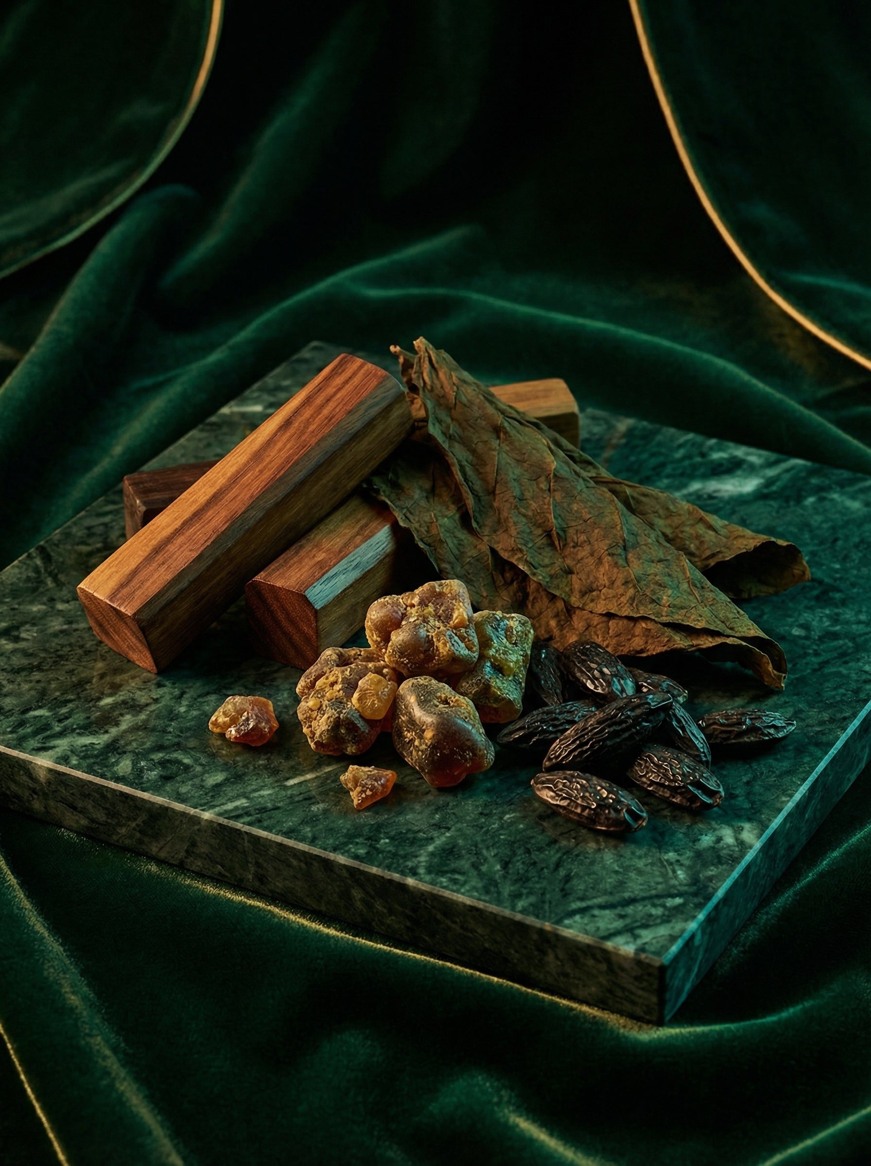 Base note ingredients of Valeria Bless Code of the Wealth perfume — sandalwood, tobacco leaves, Peru balsam and tonka beans with smoky atmosphere on dark green background

