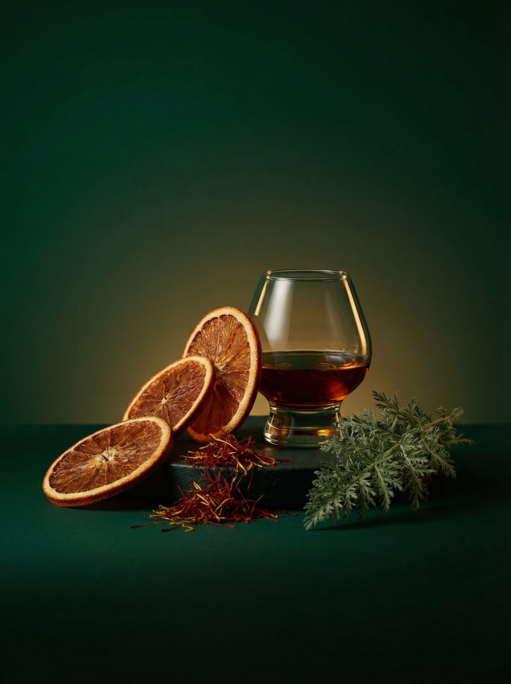 Top note ingredients of Code of Wealth perfume — dried orange slices, cognac glass, saffron and davana on dark green background