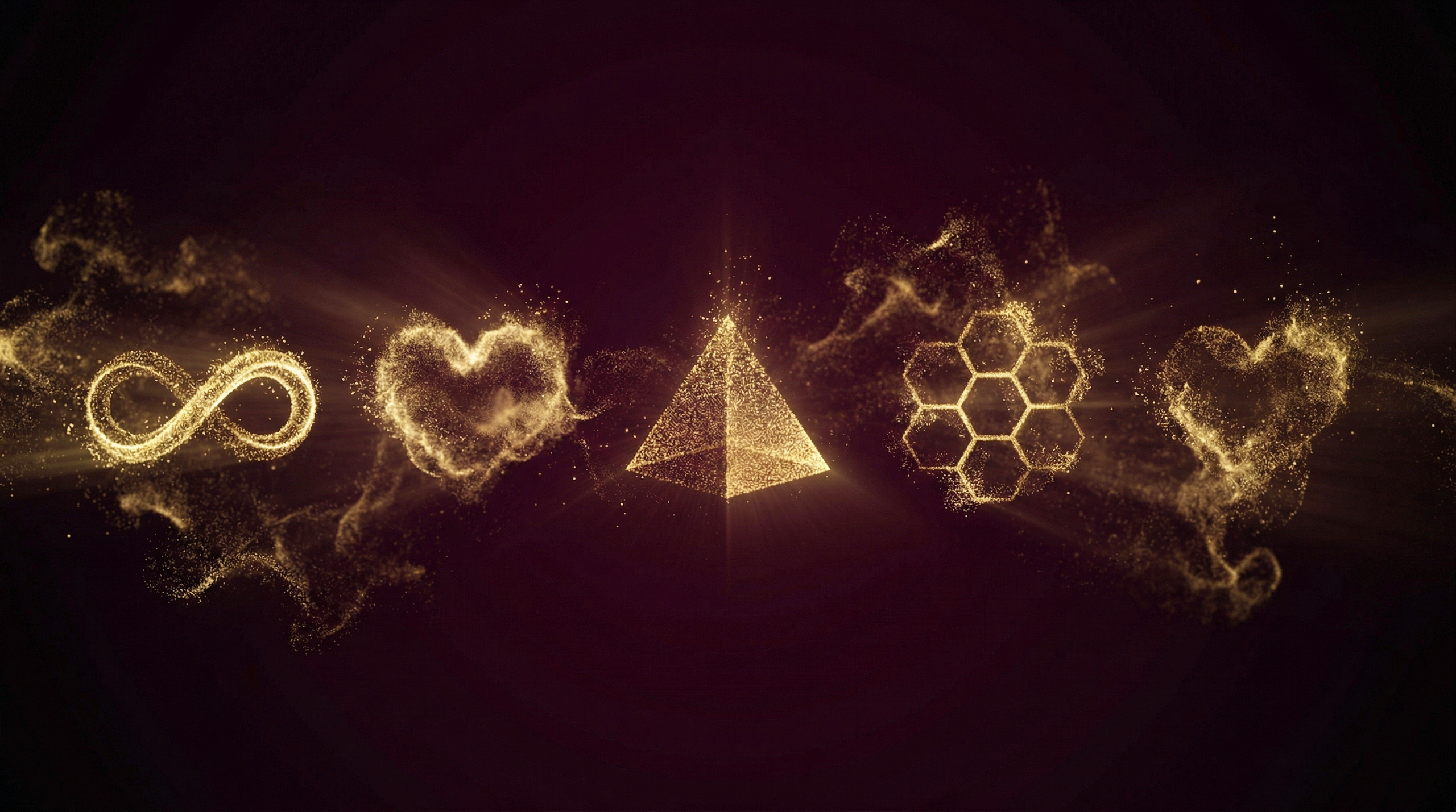 Valeria Bless Perfume brand symbols — infinity sign, heart, pyramid, honeycomb and cloud shapes made of golden glowing particles on deep burgundy background